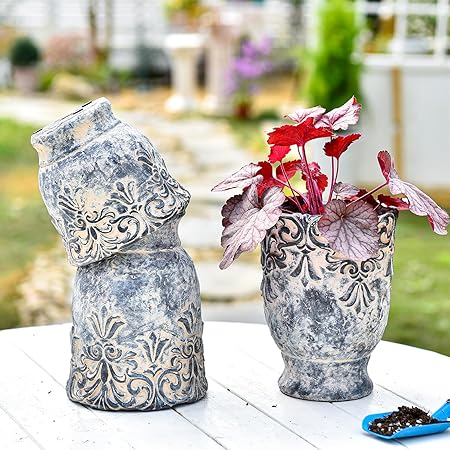 European Vintage Ceramic Planter with Embossed Design|Antique Stone-Like Finish|6.3" Diameter x 8.4" Tall Flower Pot for Indoor Use
