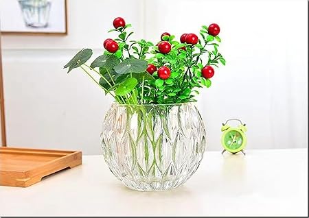Crystal Textured Round Glass Vase|Clear Embossed Glass Bowl|3.9" Diameter x 3.3" Height|Ideal for Flowers, Hydroponics & Candle Decor