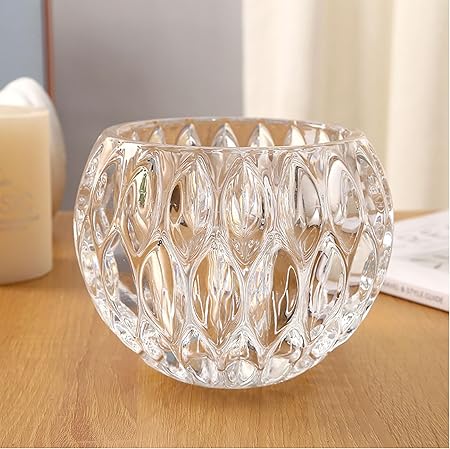 Crystal Textured Round Glass Vase|Clear Embossed Glass Bowl|3.9" Diameter x 3.3" Height|Ideal for Flowers, Hydroponics & Candle Decor
