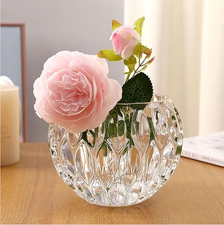 Crystal Textured Round Glass Vase|Clear Embossed Glass Bowl|3.9" Diameter x 3.3" Height|Ideal for Flowers, Hydroponics & Candle Decor