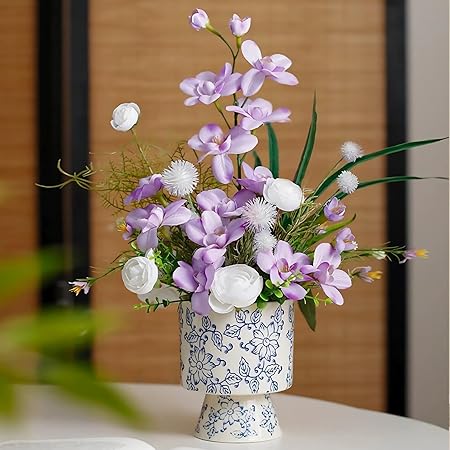 Elegant Blue and White Ceramic Planter with Pedestal – Hand-Painted Floral Motif Ideal for Desktop, Balcony, or Zen Room