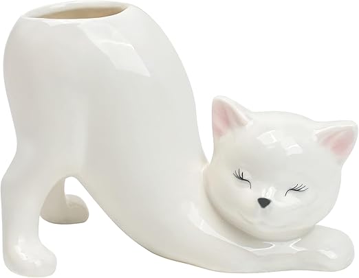 Ceramic Cat Shaped Planter – Stretching Kitty Succulent Pot Cute Desktop Decor & Gift