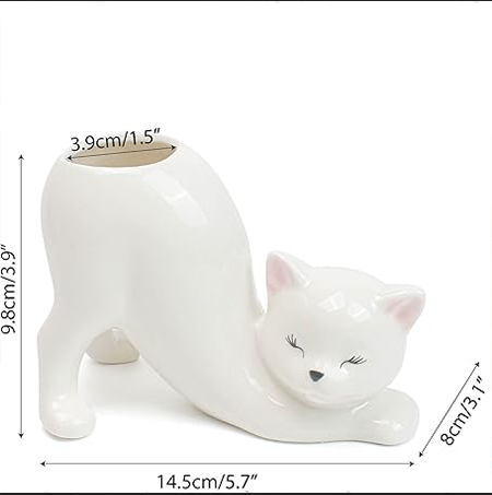 Ceramic Cat Shaped Planter – Stretching Kitty Succulent Pot Cute Desktop Decor & Gift