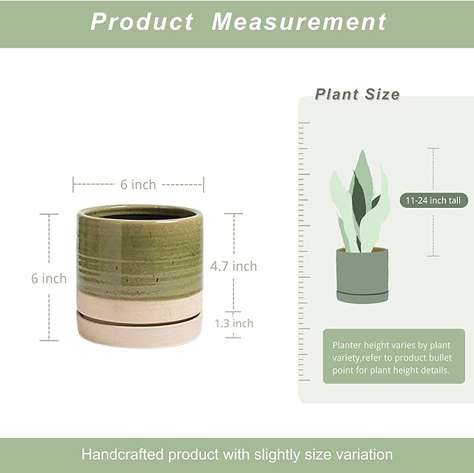 Handcrafted Ceramic Planter with Saucer – Two-Tone Green & Beige – 6 Inch Wide x 6 Inch Tall Indoor Plant Pot