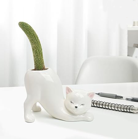 Ceramic Cat Shaped Planter – Stretching Kitty Succulent Pot Cute Desktop Decor & Gift