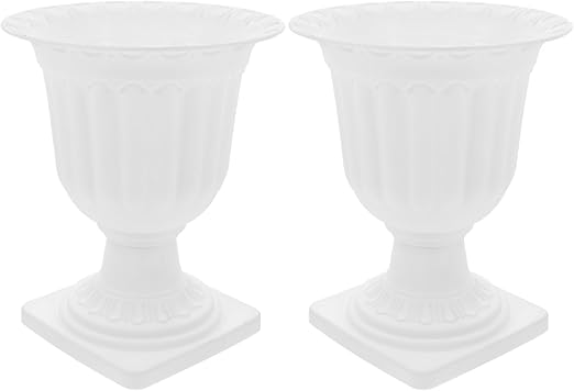 European Style Plastic Pedestal Planters (Set of 2)|Classic White Urn Design|11.8" Tall x 9.4" Diameter|Ideal for Garden, Porch, or Event Decor