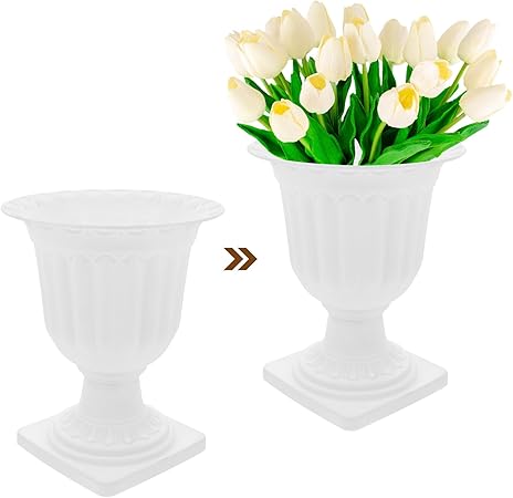 European Style Plastic Pedestal Planters (Set of 2)|Classic White Urn Design|11.8" Tall x 9.4" Diameter|Ideal for Garden, Porch, or Event Decor