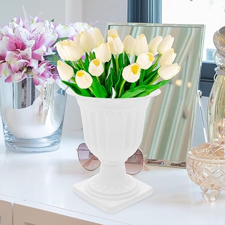 European Style Plastic Pedestal Planters (Set of 2)|Classic White Urn Design|11.8" Tall x 9.4" Diameter|Ideal for Garden, Porch, or Event Decor