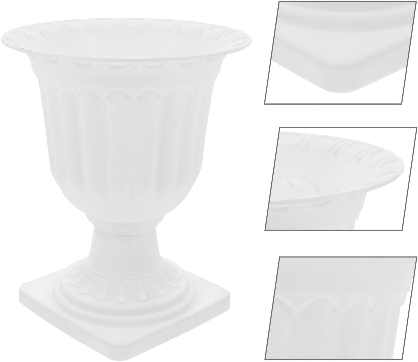 European Style Plastic Pedestal Planters (Set of 2)|Classic White Urn Design|11.8" Tall x 9.4" Diameter|Ideal for Garden, Porch, or Event Decor