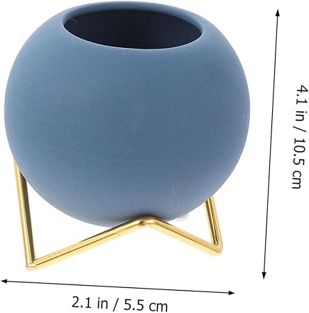 Modern Matte Blue Ceramic Ball Planter with Gold Metal Stand|4.1" Tall × 2.1" Base|Perfect for Succulents & Desktop Decor