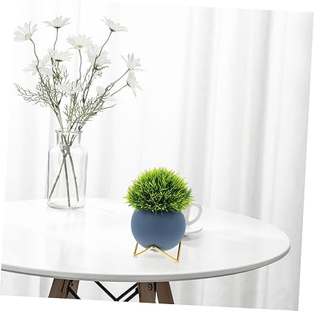 Modern Matte Blue Ceramic Ball Planter with Gold Metal Stand|4.1" Tall × 2.1" Base|Perfect for Succulents & Desktop Decor
