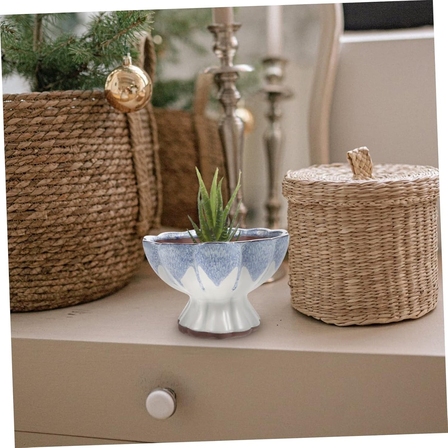Handmade Ceramic Pedestal Planter with Blue Drip Glaze|5.5" Diameter x 4.1" Height|Vintage Japanese Style Flower Vase or Succulent Pot