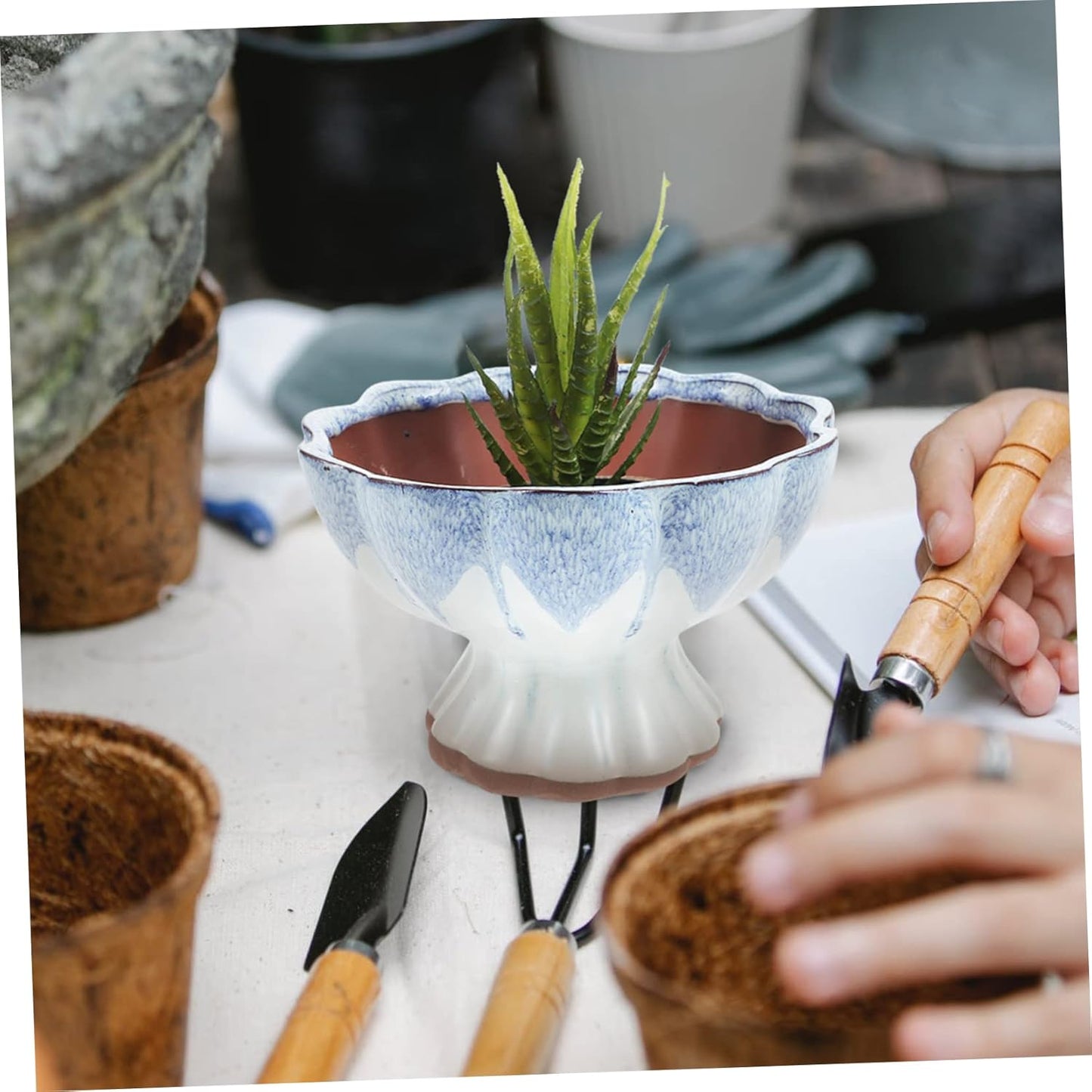 Handmade Ceramic Pedestal Planter with Blue Drip Glaze|5.5" Diameter x 4.1" Height|Vintage Japanese Style Flower Vase or Succulent Pot