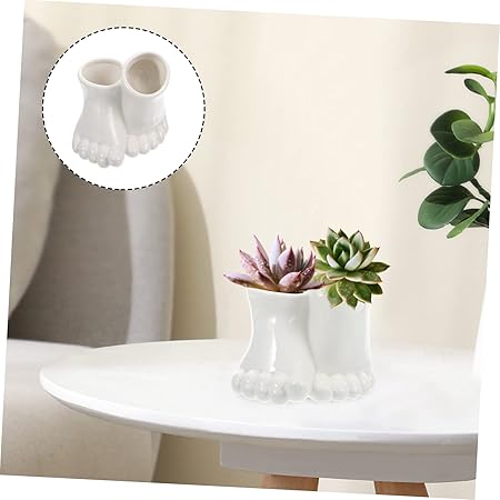 Creative White Ceramic Foot Planter – Fun Dual Hole Design|4.4" Wide × 4.0" Tall|Succulent Pot or Desk Organizer