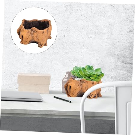 Rustic Tree Stump Style Succulent Planters (Set of 2)|Resin Faux Wood Decorative Pots|Approx. 5.1" × 3.5" × 3.1"|Ideal for Desktop or Mini Garden Decor