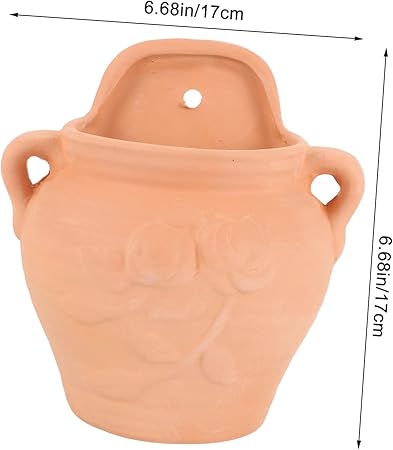 Rustic Terracotta Wall-Mounted Ceramic Planter – Hand-Carved Floral Design|6.68" Tall x 6.68" Wide|Ideal for Indoor/Outdoor Vertical Planting