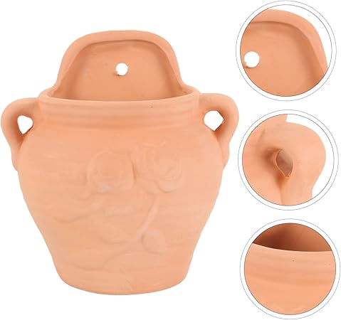 Rustic Terracotta Wall-Mounted Ceramic Planter – Hand-Carved Floral Design|6.68" Tall x 6.68" Wide|Ideal for Indoor/Outdoor Vertical Planting