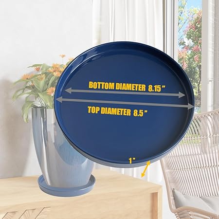 Round Blue Plastic Plant Saucer – 8.5" Top Diameter|Waterproof Drain Tray with Raised Edges|Fits Medium Flower Pots