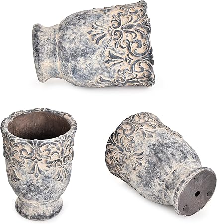 European Vintage Ceramic Planter with Embossed Design|Antique Stone-Like Finish|6.3" Diameter x 8.4" Tall Flower Pot for Indoor Use