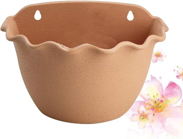 Terracotta-Look Wall Planter with Wavy Rim|Plastic Hanging Pot with Drainage|10.2" Wide x 7" High|Ideal for Balcony or Indoor Wall Decor