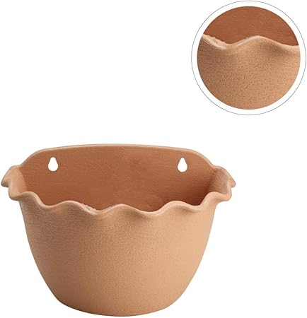 Terracotta-Look Wall Planter with Wavy Rim|Plastic Hanging Pot with Drainage|10.2" Wide x 7" High|Ideal for Balcony or Indoor Wall Decor