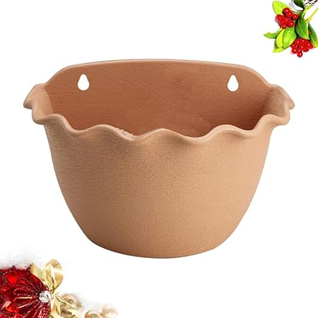 Terracotta-Look Wall Planter with Wavy Rim|Plastic Hanging Pot with Drainage|10.2" Wide x 7" High|Ideal for Balcony or Indoor Wall Decor