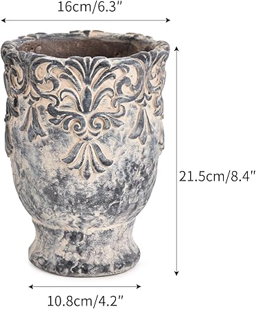 European Vintage Ceramic Planter with Embossed Design|Antique Stone-Like Finish|6.3" Diameter x 8.4" Tall Flower Pot for Indoor Use