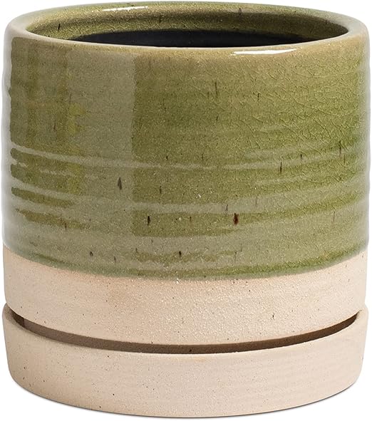 Handcrafted Ceramic Planter with Saucer – Two-Tone Green & Beige – 6 Inch Wide x 6 Inch Tall Indoor Plant Pot