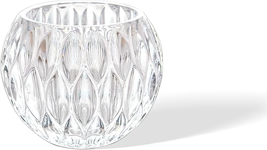 Crystal Textured Round Glass Vase｜Clear Embossed Glass Bowl｜3.9" Diameter x 3.3" Height｜Ideal for Flowers, Hydroponics & Candle Decor