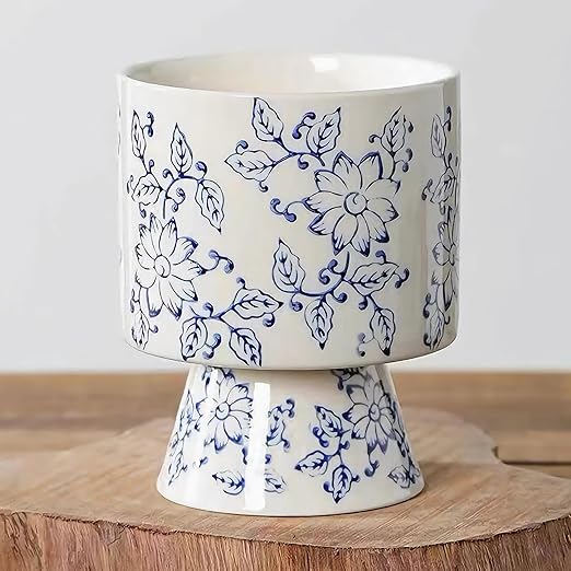 Elegant Blue and White Ceramic Planter with Pedestal – Hand-Painted Floral Motif Ideal for Desktop, Balcony, or Zen Room