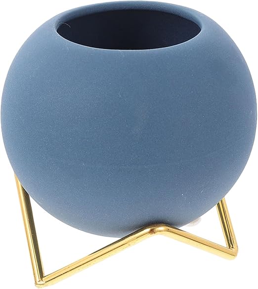 Modern Matte Blue Ceramic Ball Planter with Gold Metal Stand｜4.1" Tall × 2.1" Base｜Perfect for Succulents & Desktop Decor