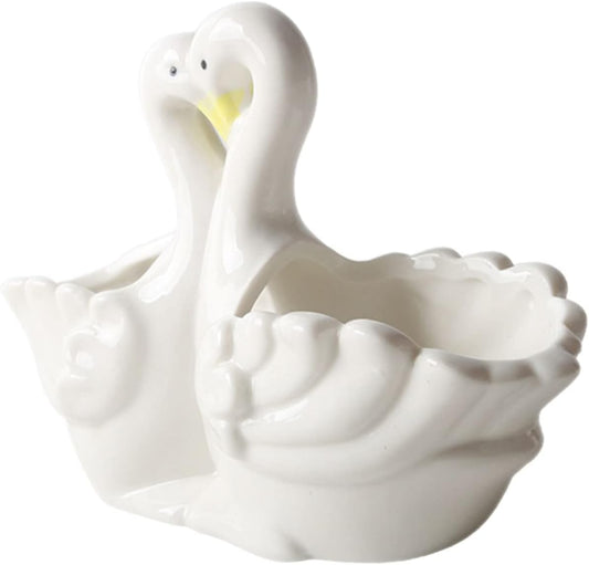 White Ceramic Swan Couple Planter – Romantic Dual Design｜7" Wide × 4.64" Tall｜Tabletop Vase for Succulents or Dried Flowers