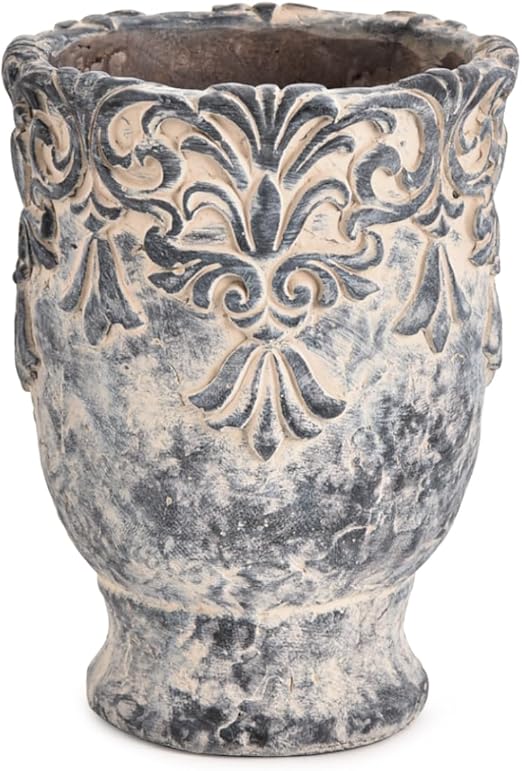 European Vintage Ceramic Planter with Embossed Design｜Antique Stone-Like Finish｜6.3" Diameter x 8.4" Tall Flower Pot for Indoor Use