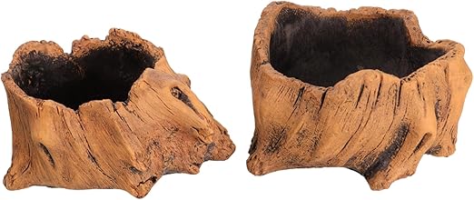 Rustic Tree Stump Style Succulent Planters (Set of 2)｜Resin Faux Wood Decorative Pots｜Approx. 5.1" × 3.5" × 3.1"｜Ideal for Desktop or Mini Garden Decor